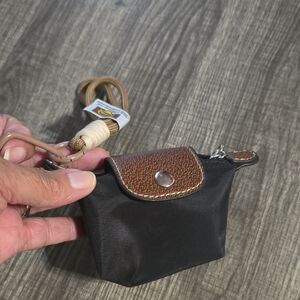 Compact Black Nylon Coin Pouch/ Purse Charm with Brown Faux Leather Flap